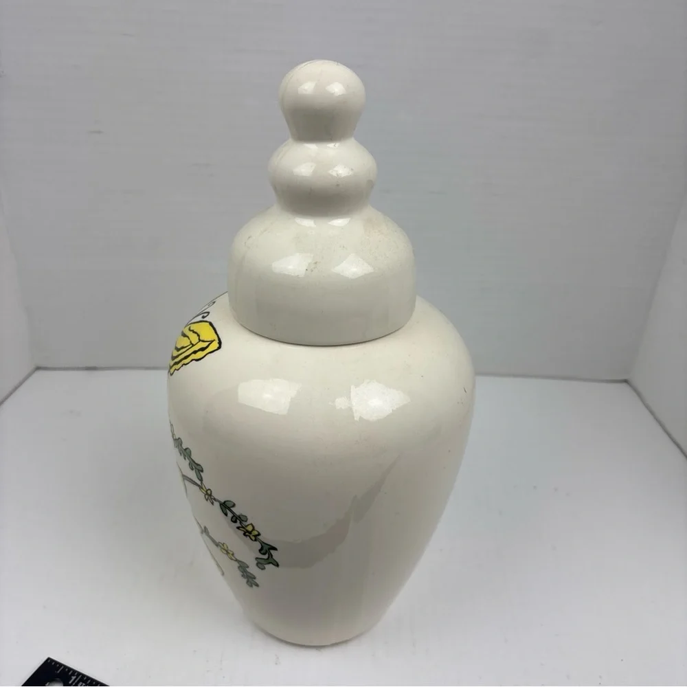 Butterflly Sunflower Ceramic Urn Vase with Lid Off White Yellow Whimsy Crafty